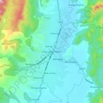 Mappa topografica Churachandpur, altitudine, rilievo