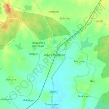 Mappa topografica Arjuni Morgaon, altitudine, rilievo