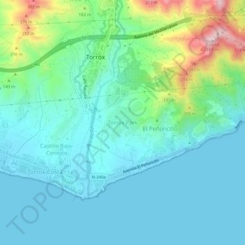 Mappa topografica Torrox Park, altitudine, rilievo