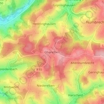 Mappa topografica Oberelben, altitudine, rilievo