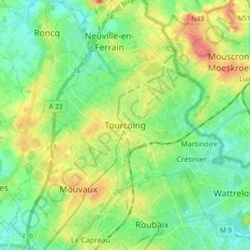 Mappa topografica Tourcoing, altitudine, rilievo