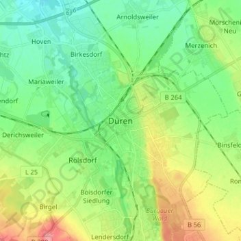 Mappa topografica Düren, altitudine, rilievo