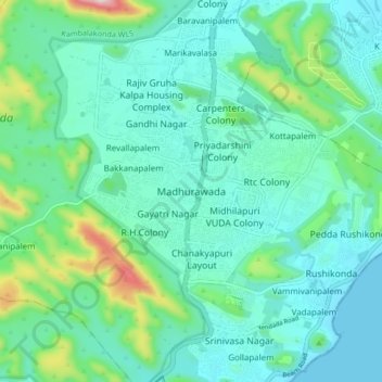 Mappa topografica Madhurawada, altitudine, rilievo