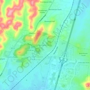 Mappa topografica Mooreland Estates, altitudine, rilievo