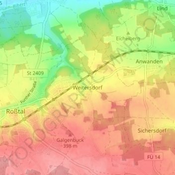 Mappa topografica Weitersdorf, altitudine, rilievo