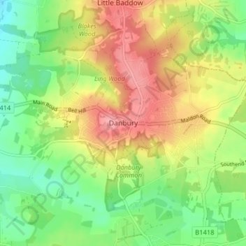 Mappa topografica Danbury, altitudine, rilievo