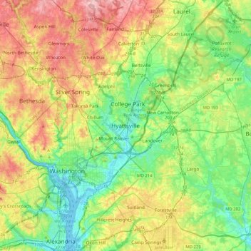 Mappa topografica Hyattsville, altitudine, rilievo
