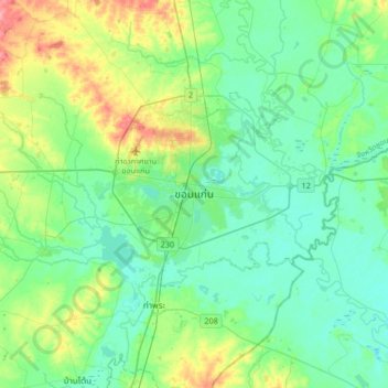 Mappa topografica Khon Kaen, altitudine, rilievo