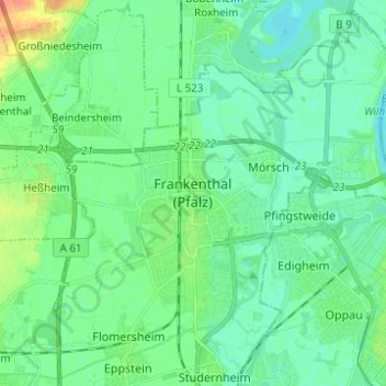 Mappa topografica Frankenthal (Pfalz), altitudine, rilievo