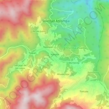 Mappa topografica Xonotla, altitudine, rilievo