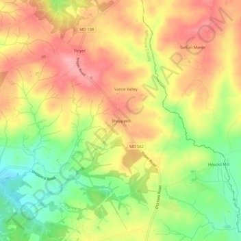 Mappa topografica Shepperd, altitudine, rilievo