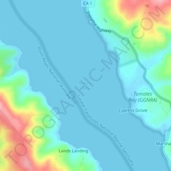 Mappa topografica Tomales Bay, altitudine, rilievo
