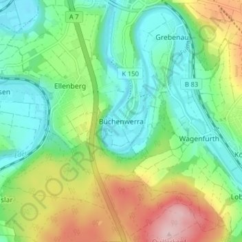 Mappa topografica Büchenwerra, altitudine, rilievo