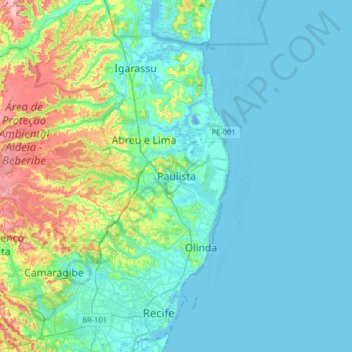 Mappa topografica Paulista, altitudine, rilievo