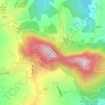 Mappa topografica Monte della Perticara, altitudine, rilievo