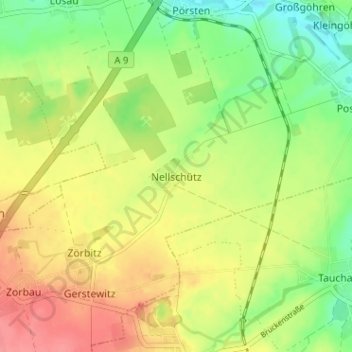 Mappa topografica Nellschütz, altitudine, rilievo