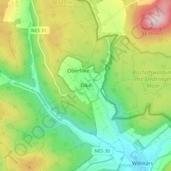 Mappa topografica Filke, altitudine, rilievo