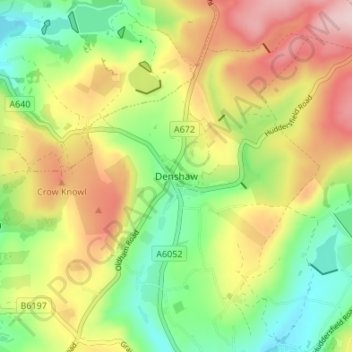 Mappa topografica Denshaw, altitudine, rilievo