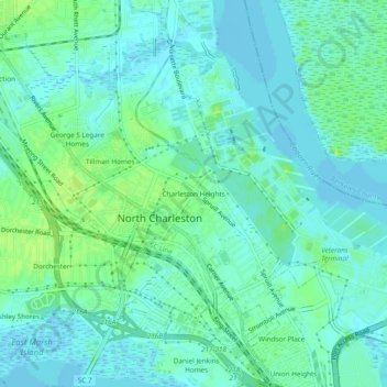 Mappa topografica Charleston Heights, altitudine, rilievo