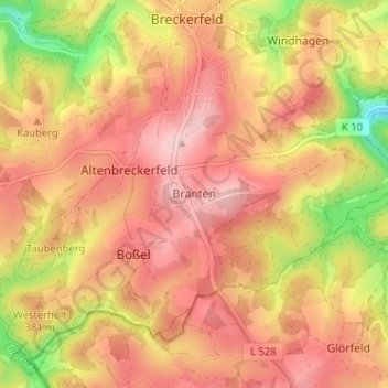 Mappa topografica Branten, altitudine, rilievo