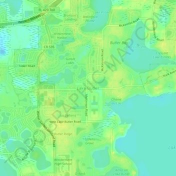 Mappa topografica Lake Butler, altitudine, rilievo