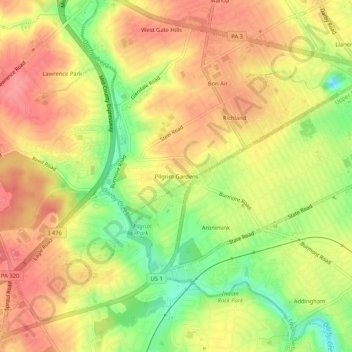 Mappa topografica Pilgrim Gardens, altitudine, rilievo