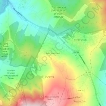 Mappa topografica Lake Front Royal, altitudine, rilievo