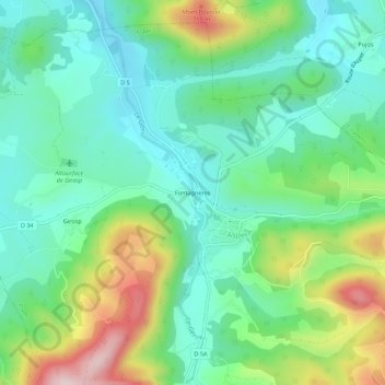 Mappa topografica Fontagnères, altitudine, rilievo