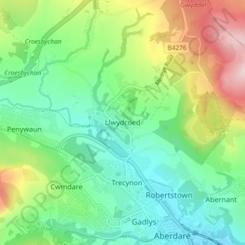 Mappa topografica Llwydcoed, altitudine, rilievo