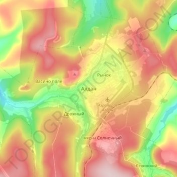 Mappa topografica Aldan, altitudine, rilievo
