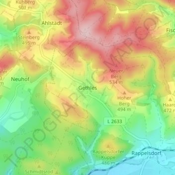 Mappa topografica Gethles, altitudine, rilievo