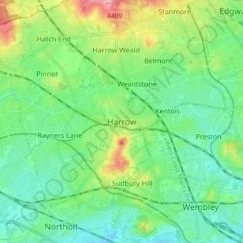Mappa topografica Harrow, altitudine, rilievo