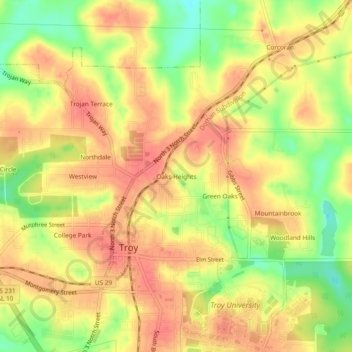 Mappa topografica Oaks Heights, altitudine, rilievo
