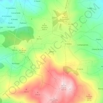 Mappa topografica Asorei, altitudine, rilievo