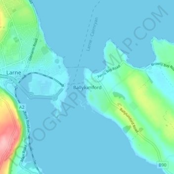 Mappa topografica Ballylumford, altitudine, rilievo