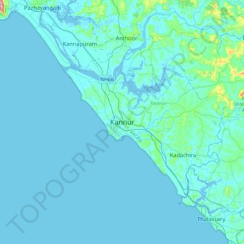 Mappa topografica Kannur, altitudine, rilievo