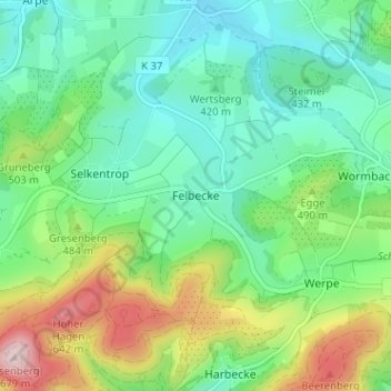 Mappa topografica Felbecke, altitudine, rilievo
