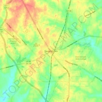 Mappa topografica Swainsboro, altitudine, rilievo
