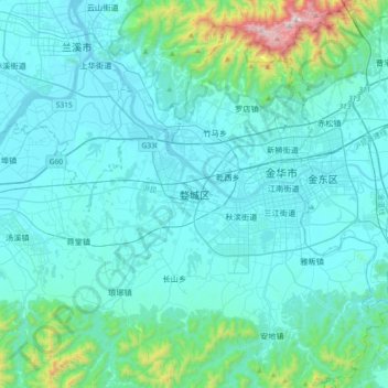 Mappa topografica 婺城区, altitudine, rilievo
