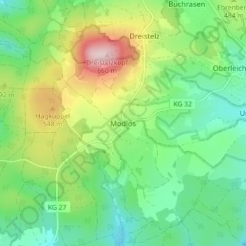 Mappa topografica Modlos, altitudine, rilievo