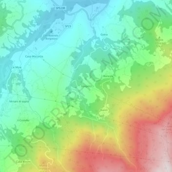 Mappa topografica Strepeto, altitudine, rilievo