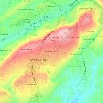 Mappa topografica Biltmore Estates, altitudine, rilievo