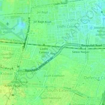 Mappa topografica Tyagraj Nagar, altitudine, rilievo