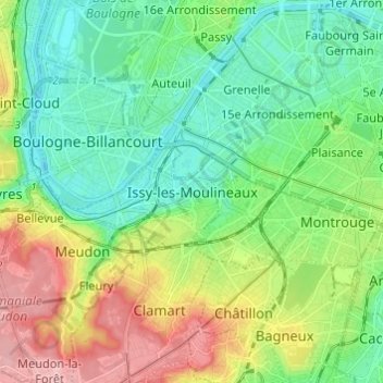 Mappa topografica Issy-les-Moulineaux, altitudine, rilievo
