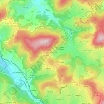Mappa topografica Les Verchères, altitudine, rilievo