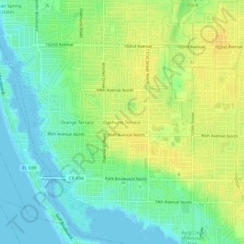 Mappa topografica Oakhurst Terrace, altitudine, rilievo