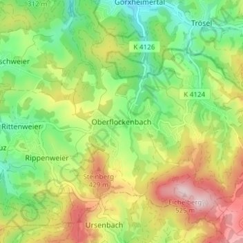 Mappa topografica Oberflockenbach, altitudine, rilievo