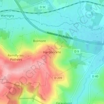 Mappa topografica Hardoncelle, altitudine, rilievo