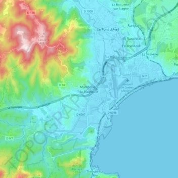 Mappa topografica Mandelieu-la-Napoule, altitudine, rilievo