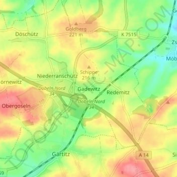 Mappa topografica Gadewitz, altitudine, rilievo